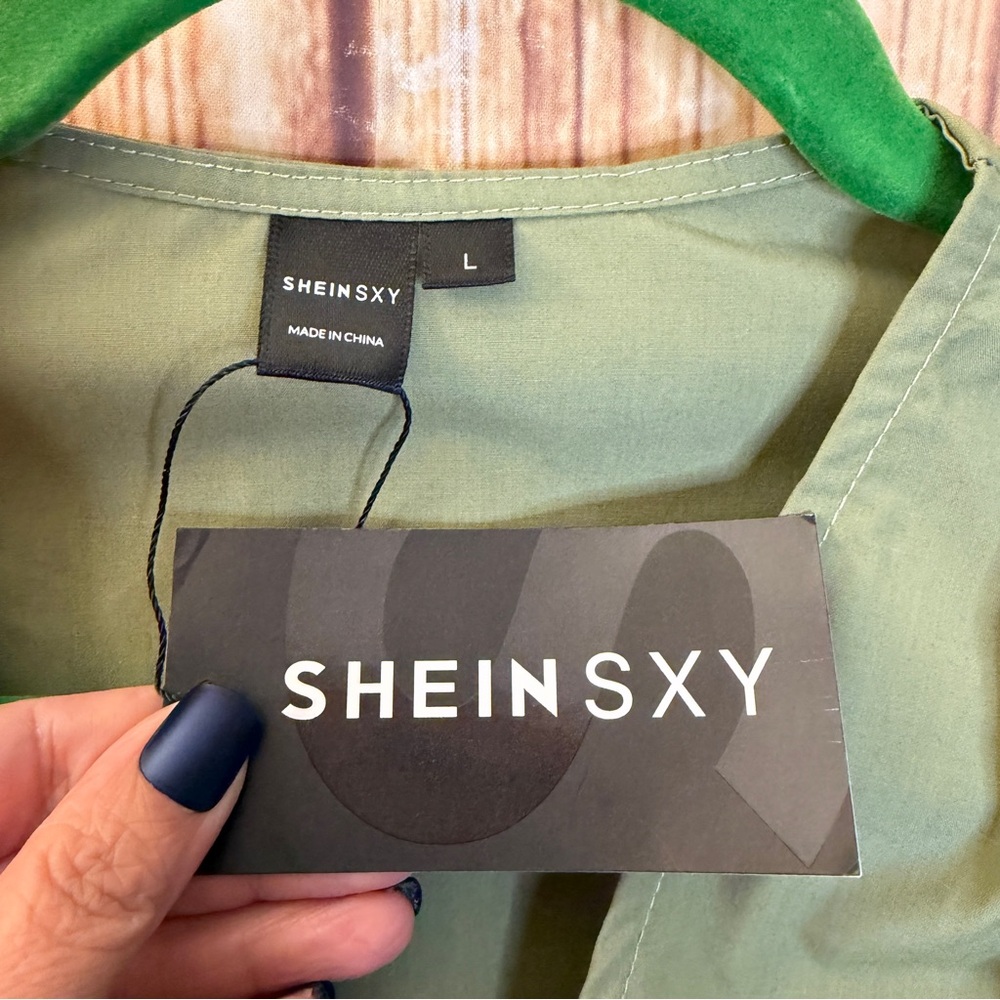SHEIN SXY Women’s Olive Green Cropped Top V Neck Long Sleeve Fitted Blouse Large - Picture 9 of 10